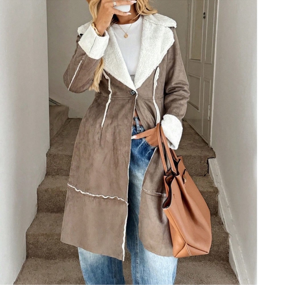Luxe Vegan Suede Teddy Lined Button Knee Length Jacket Coat S M L XL